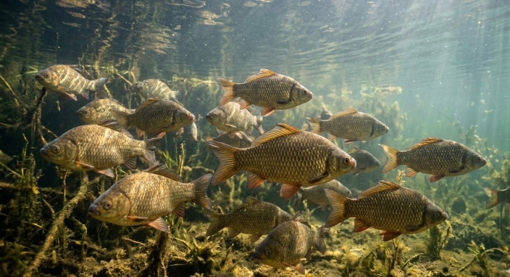 Karasie srebrzyste pod wodą